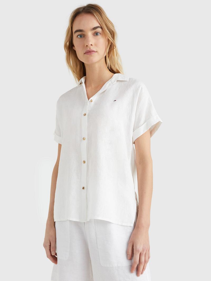 Női Tommy Hilfiger Linen Rövid-Sleeve Ingek Fehér | HU 286DFM